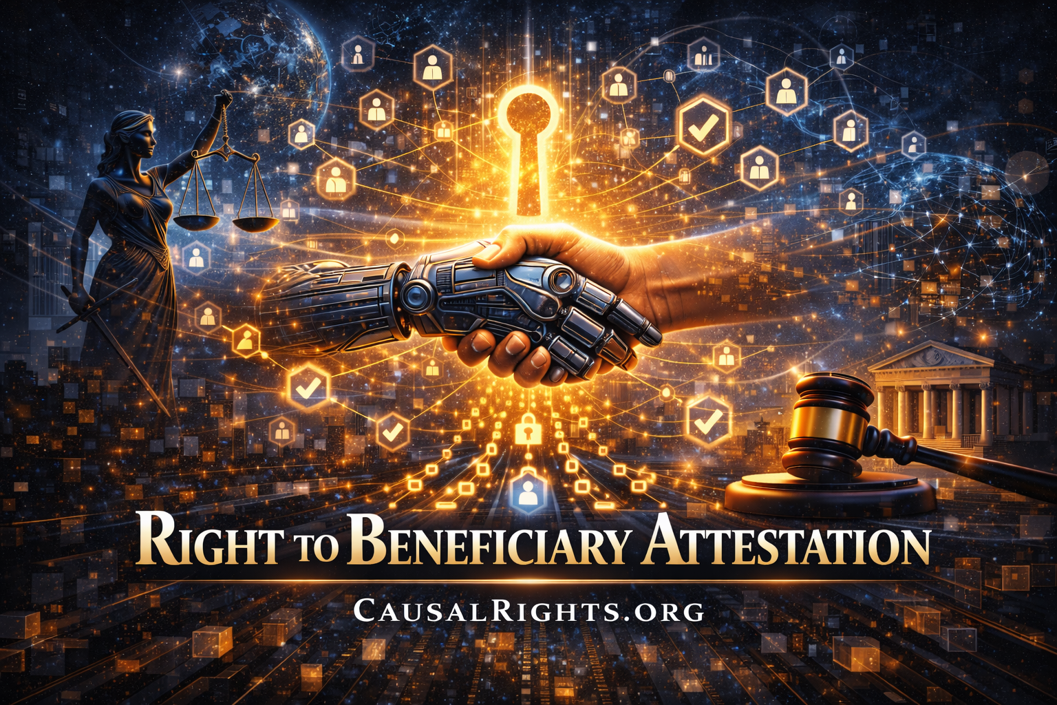 Human and robotic hands shaking with network of beneficiary icons showing direct peer-to-peer cryptographic attestation without institutional gatekeeping