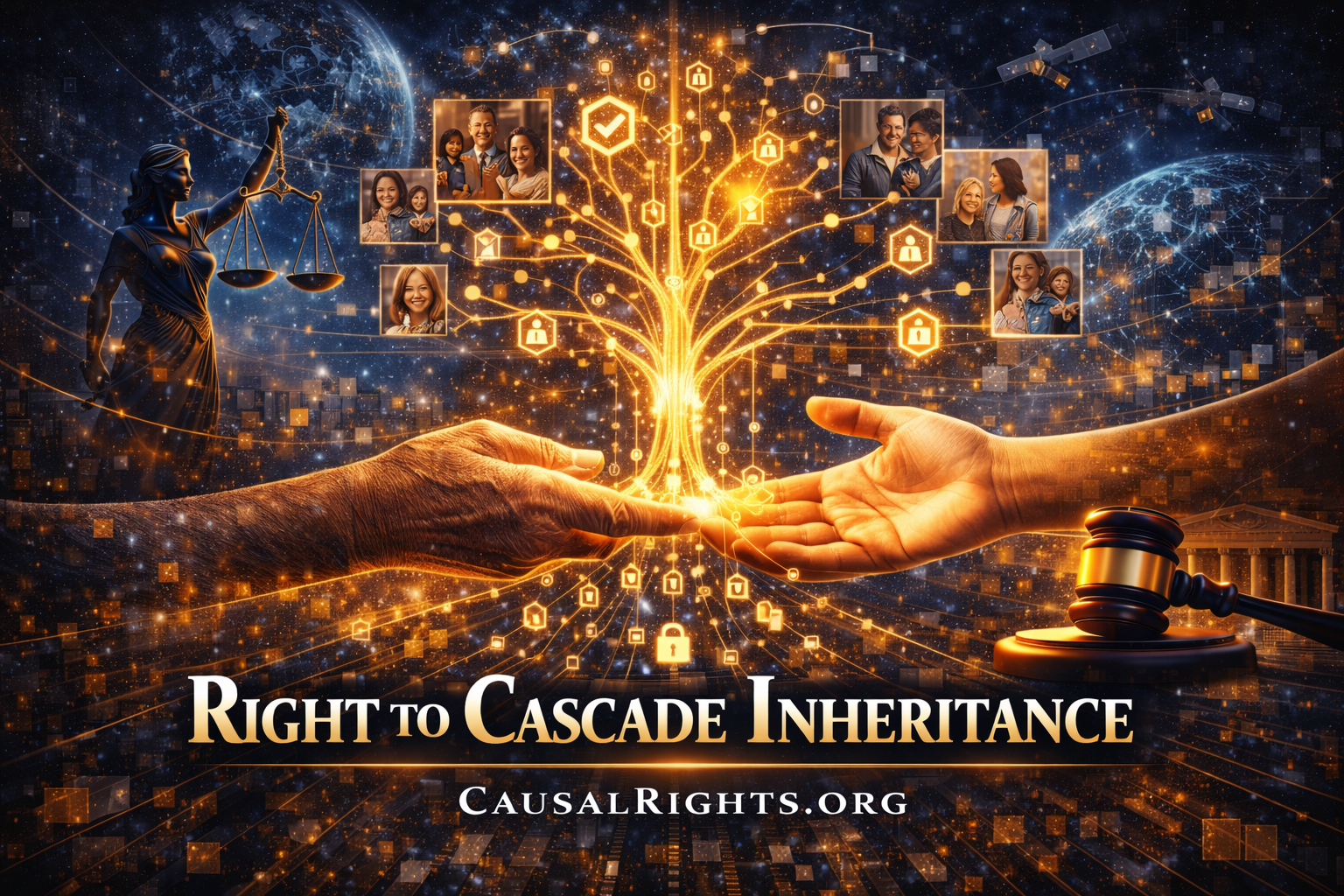 Golden tree of capability cascades with family portraits showing generational knowledge transfer through cryptographic inheritance