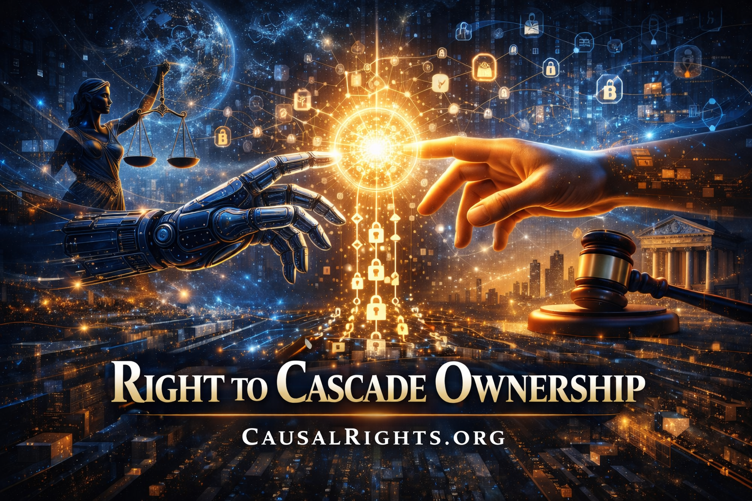 Robotic and human hands reaching toward glowing sphere representing cryptographic cascade ownership with lock icons showing individual control