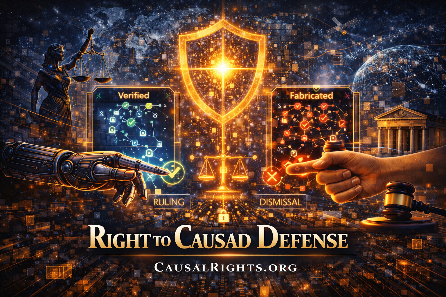 Golden shield of justice distinguishing verified cascades from fabricated claims with legal scales showing ruling versus dismissal