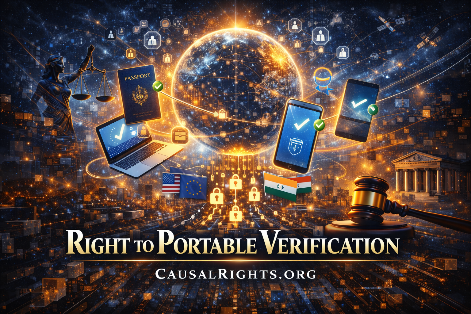 Global network with passport, devices, and international flags showing cascade verification portable across all platforms, borders, and contexts