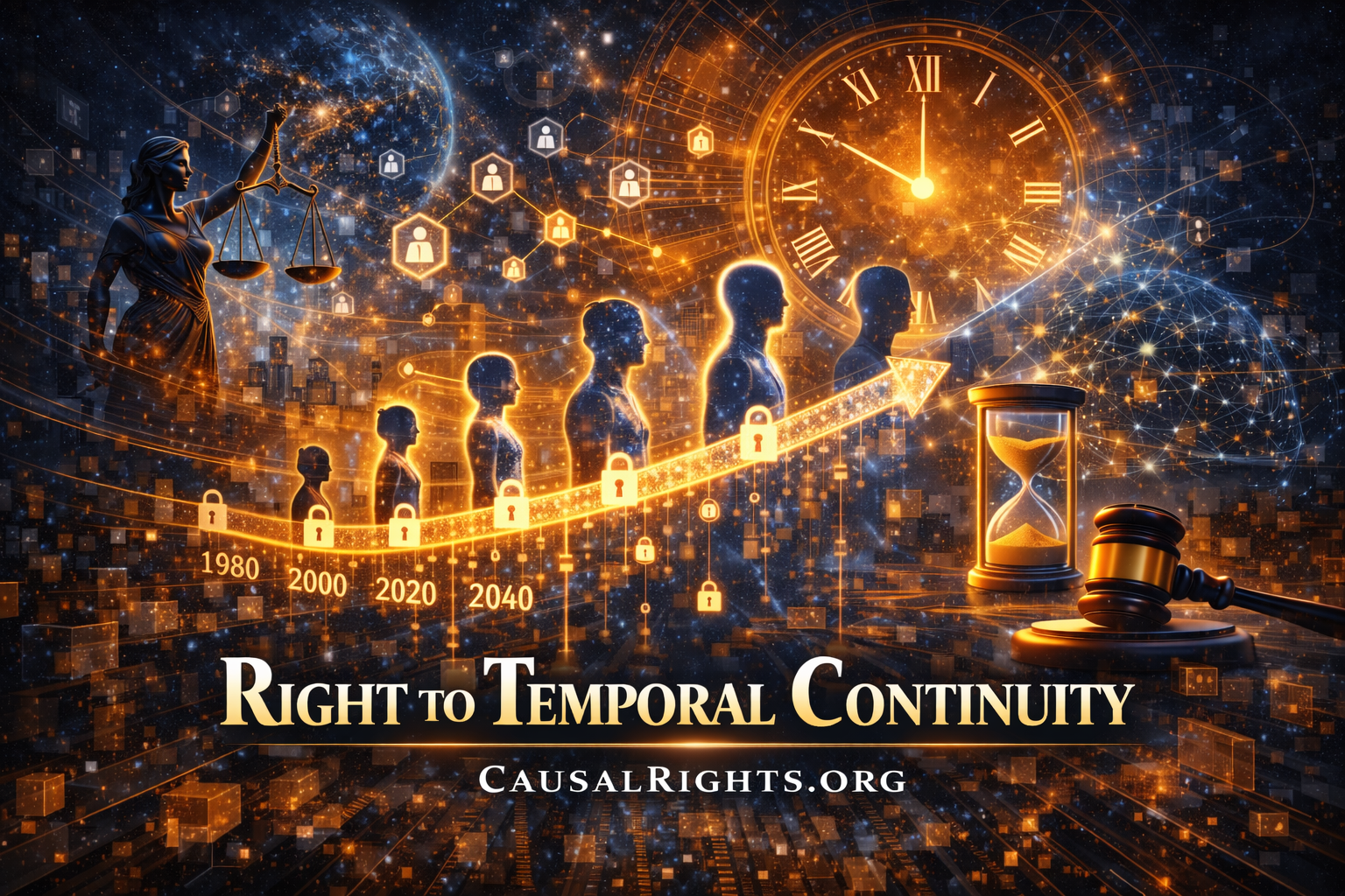 Lifelong timeline showing human silhouettes from 1980 to 2040 with golden clock and hourglass representing continuous cascade verification across decades